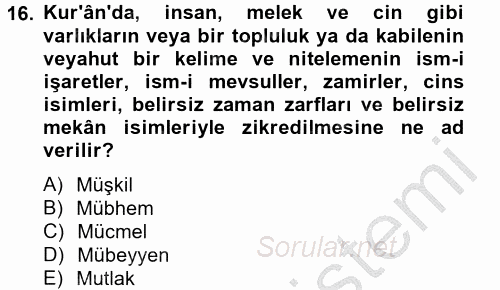 Tefsir Tarihi ve Usulü 2014 - 2015 Ara Sınavı 16.Soru
