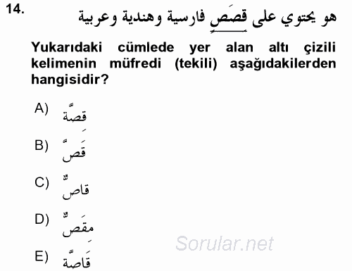 Arapça 1 2015 - 2016 Dönem Sonu Sınavı 14.Soru