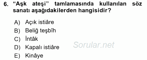 Eski Türk Edebiyatına Giriş: Söz Sanatları 2017 - 2018 Ara Sınavı 6.Soru