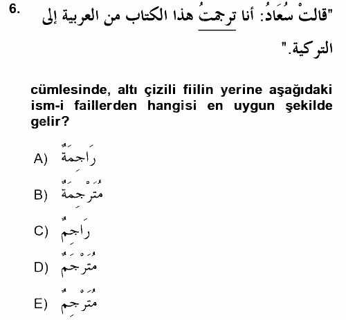 Arapça 2 2015 - 2016 Ara Sınavı 6.Soru