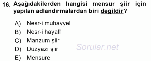 II. Abdülhamit Dönemi Türk Edebiyatı 2015 - 2016 Tek Ders Sınavı 16.Soru