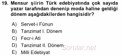 II. Abdülhamit Dönemi Türk Edebiyatı 2015 - 2016 Tek Ders Sınavı 19.Soru