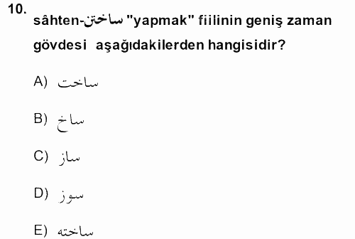 Osmanlı Türkçesi Grameri 2 2013 - 2014 Ara Sınavı 10.Soru
