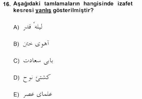 Osmanlı Türkçesi Grameri 2 2013 - 2014 Ara Sınavı 16.Soru