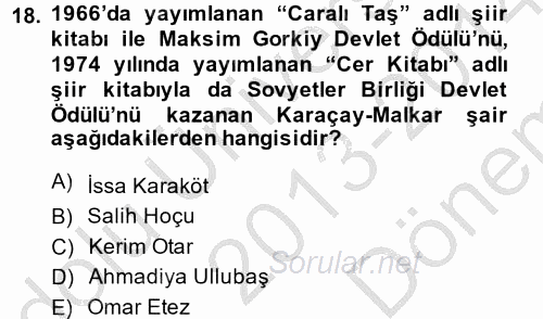 Çağdaş Türk Edebiyatları 2 2013 - 2014 Dönem Sonu Sınavı 18.Soru