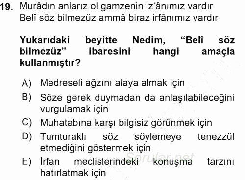 XVIII. Yüzyıl Türk Edebiyatı 2015 - 2016 Ara Sınavı 19.Soru