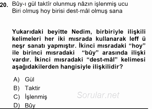 XVIII. Yüzyıl Türk Edebiyatı 2015 - 2016 Ara Sınavı 20.Soru