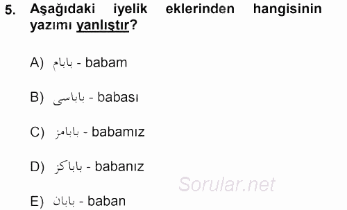Osmanlı Türkçesi 1 2012 - 2013 Dönem Sonu Sınavı 5.Soru