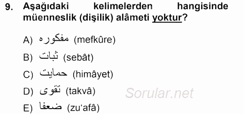 Osmanlı Türkçesi 1 2012 - 2013 Dönem Sonu Sınavı 9.Soru
