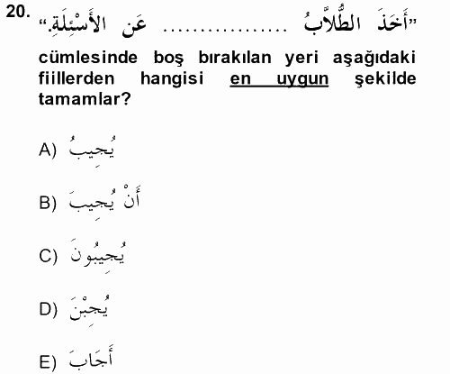 Arapça 4 2014 - 2015 Ara Sınavı 20.Soru