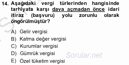 Türk Vergi Sistemi 2014 - 2015 Dönem Sonu Sınavı 14.Soru