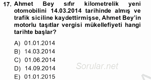 Türk Vergi Sistemi 2014 - 2015 Dönem Sonu Sınavı 17.Soru