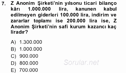 Türk Vergi Sistemi 2014 - 2015 Dönem Sonu Sınavı 7.Soru