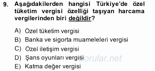 Türk Vergi Sistemi 2014 - 2015 Dönem Sonu Sınavı 9.Soru