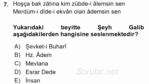 XVIII. Yüzyıl Türk Edebiyatı 2016 - 2017 Dönem Sonu Sınavı 7.Soru
