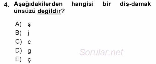 Türkçe Ses Bilgisi 2016 - 2017 Ara Sınavı 4.Soru