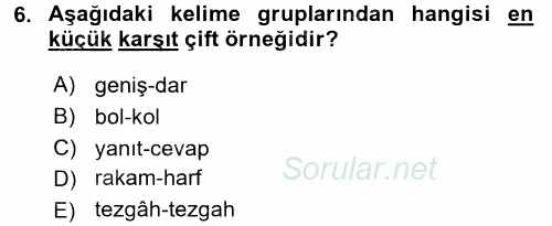 Türkçe Ses Bilgisi 2016 - 2017 Ara Sınavı 6.Soru