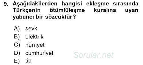 Türkçe Ses Bilgisi 2016 - 2017 Ara Sınavı 9.Soru