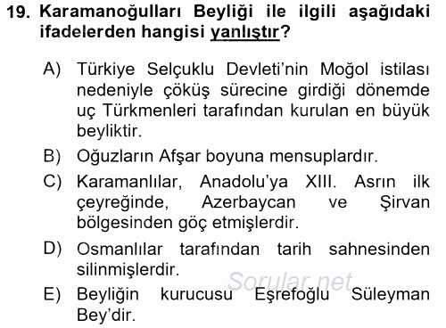 Türkiye Selçuklu Tarihi 2016 - 2017 Dönem Sonu Sınavı 19.Soru