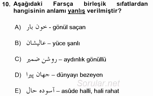 Osmanlı Türkçesi Grameri 2 2015 - 2016 Dönem Sonu Sınavı 10.Soru