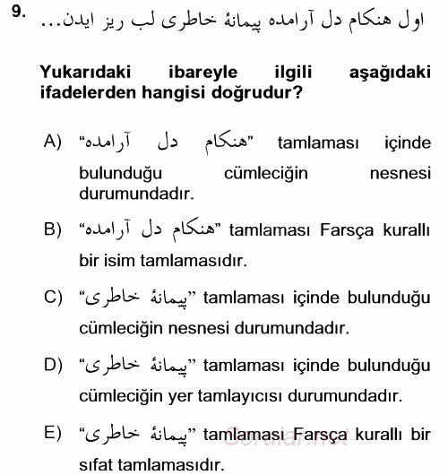 Osmanlı Türkçesi Grameri 2 2015 - 2016 Dönem Sonu Sınavı 9.Soru