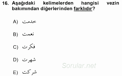 Osmanlı Türkçesi Grameri 1 2015 - 2016 Ara Sınavı 16.Soru