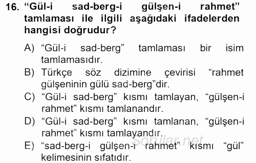Osmanlı Türkçesi Grameri 2 2012 - 2013 Ara Sınavı 16.Soru