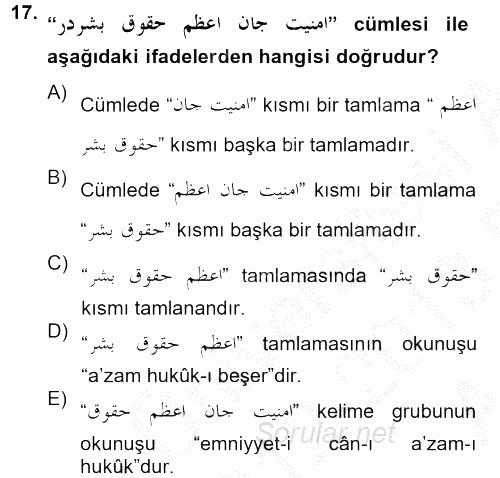 Osmanlı Türkçesi Grameri 2 2012 - 2013 Ara Sınavı 17.Soru