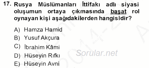 XIX. Yüzyıl Türk Dünyası 2014 - 2015 Ara Sınavı 17.Soru