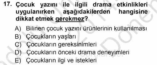 Okulöncesinde Drama 2014 - 2015 Dönem Sonu Sınavı 17.Soru