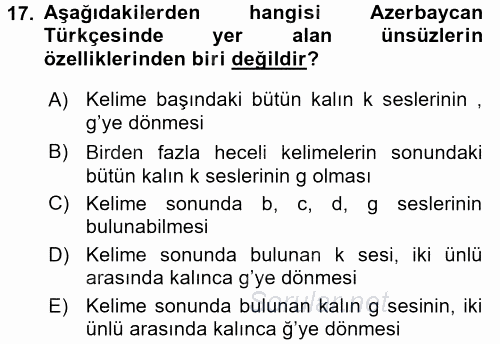 Çağdaş Türk Yazı Dilleri 1 2016 - 2017 Ara Sınavı 17.Soru