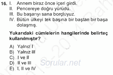 Türkçe Biçim Bilgisi 2013 - 2014 Ara Sınavı 16.Soru