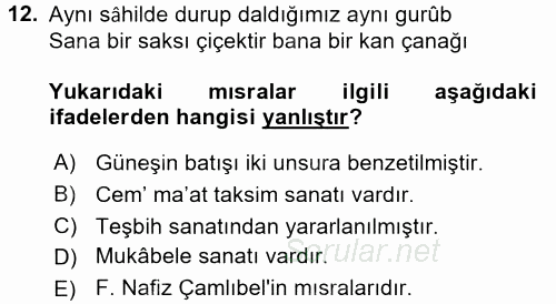 Eski Türk Edebiyatına Giriş: Söz Sanatları 2015 - 2016 Ara Sınavı 12.Soru
