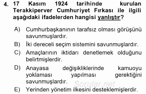 Atatürk İlkeleri Ve İnkılap Tarihi 2 2016 - 2017 Dönem Sonu Sınavı 4.Soru
