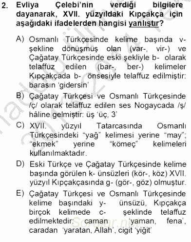 XVI-XIX. Yüzyıllar Türk Dili 2013 - 2014 Tek Ders Sınavı 2.Soru