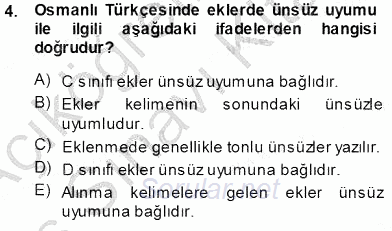 XVI-XIX. Yüzyıllar Türk Dili 2013 - 2014 Tek Ders Sınavı 4.Soru
