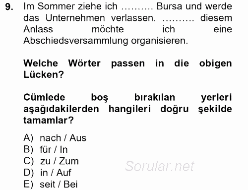 Almanca 2 2012 - 2013 Dönem Sonu Sınavı 9.Soru