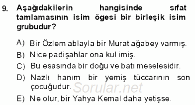 Türkçe Cümle Bilgisi 1 2013 - 2014 Ara Sınavı 9.Soru