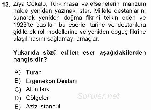 II. Meşrutiyet Dönemi Türk Edebiyatı 2015 - 2016 Tek Ders Sınavı 13.Soru