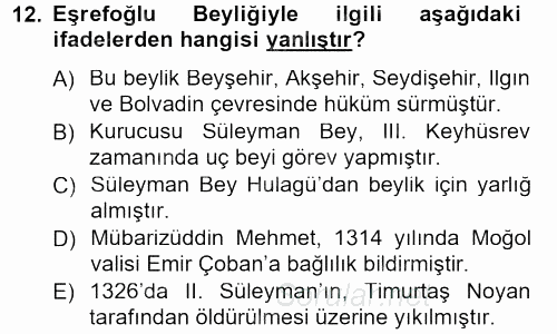 Türkiye Selçuklu Tarihi 2012 - 2013 Dönem Sonu Sınavı 12.Soru