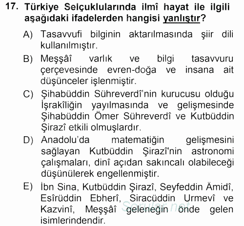 Türkiye Selçuklu Tarihi 2012 - 2013 Dönem Sonu Sınavı 17.Soru