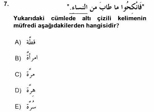 Arapça 4 2016 - 2017 3 Ders Sınavı 7.Soru