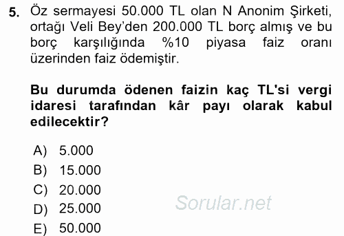Türk Vergi Sistemi 2016 - 2017 Dönem Sonu Sınavı 5.Soru