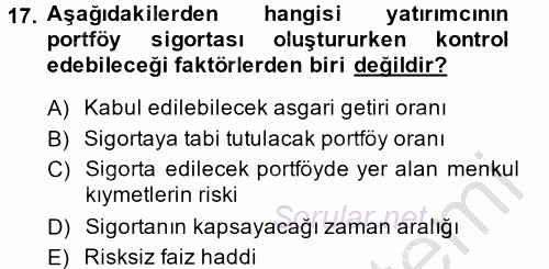 Portföy Yönetimi 2013 - 2014 Dönem Sonu Sınavı 17.Soru