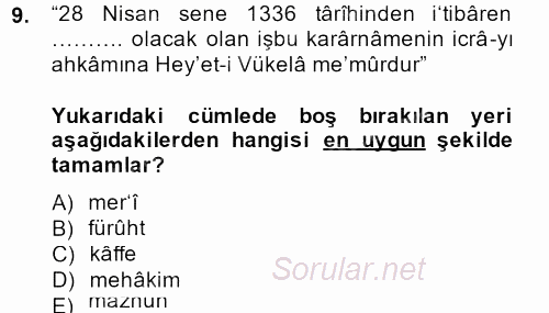 Osmanlı Türkçesi Metinleri 2 2013 - 2014 Dönem Sonu Sınavı 9.Soru