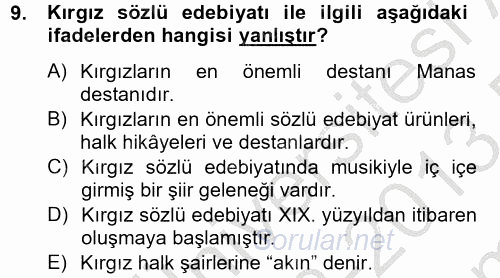 Çağdaş Türk Edebiyatları 2 2012 - 2013 Dönem Sonu Sınavı 9.Soru