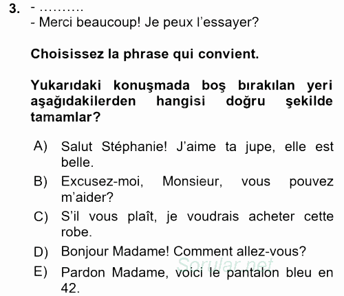 Fransızca 2 2015 - 2016 Ara Sınavı 3.Soru