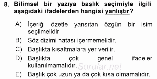Türk Dili 2 2016 - 2017 3 Ders Sınavı 8.Soru