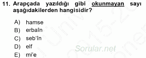 Osmanlı Türkçesi 1 2015 - 2016 Dönem Sonu Sınavı 11.Soru