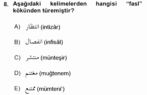 Osmanlı Türkçesi 1 2015 - 2016 Dönem Sonu Sınavı 8.Soru